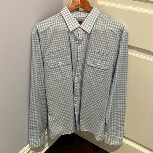 Men’s button down shirt, size XXL, light blue strips/ checks , bottom blend
